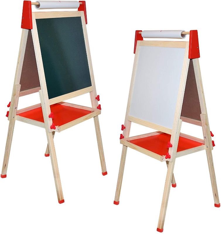 Photo 1 of Deluxe Standing Art Easel - Dry-Erase Board, Chalkboard, Paper Roller,Magnetic Whiteboard, Includes Paper Roll, and Accessories,The Ultimate All-in-One Wooden Kid's Art Easel, Young Artist Easel
