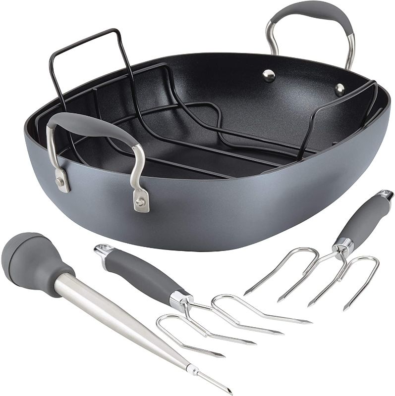 Photo 1 of Anolon Advanced Home Hard Anodized Nonstick Roaster/Roasting Pan with Utensils, 16 Inch x 13 Inch, Moonstone
