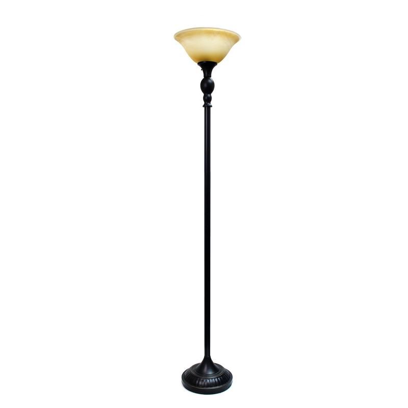 Photo 1 of Elegant Designs Torchiere Floor Lamp with Marbelized Amber Glass Shade in Bronze
