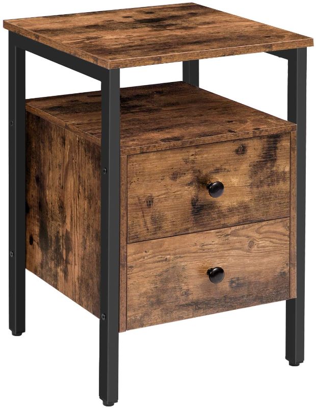 Photo 1 of HOOBRO Nightstand, Bedside Table with 2 Drawers and Storage Shelves, Side End Table, Sofa Table for Living Room, Bedroom, Accent Furniture, Easy Assembly, Rustic Brown and Black BF43BZ01
