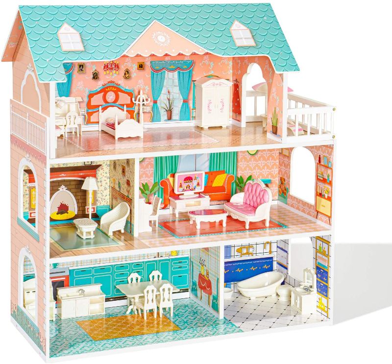 Photo 1 of ROBUD Wooden Dollhouse for Kids Girls, Toy Gift for 3 4 5 6 Years Old, with Furniture Blue
