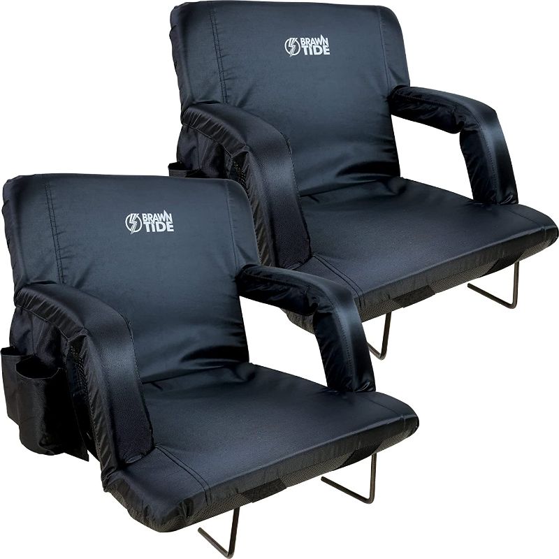 Photo 1 of BRAWNTIDE Stadium Seat with Back Support - 2 Pack, Comfy Cushion, Thick Padding, 2 Steel Bleacher Hooks, 4 Pockets, Reclining Back, Ideal Stadium Chair for Sporting Events, Beaches, Camping, Concerts
