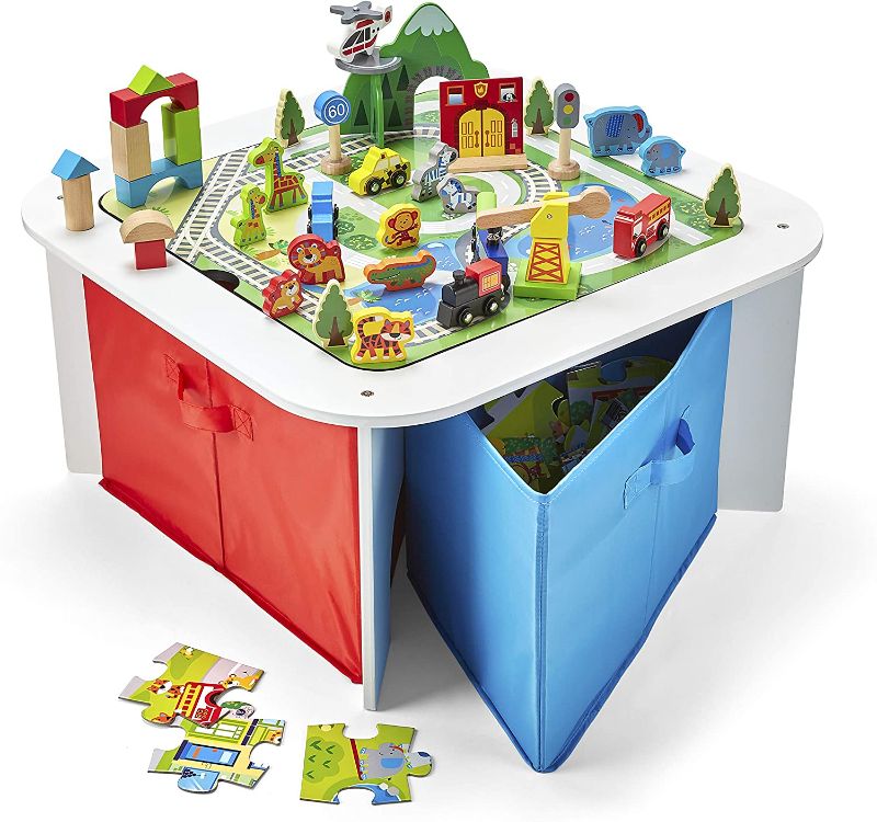 Photo 1 of Imaginarium Wooden Ready to Play Table with Trainset, Building Blocks, Animal Figures, Chalkboard & Puzzles, for Ages 3-7, 100 Pieces, Multicolor
