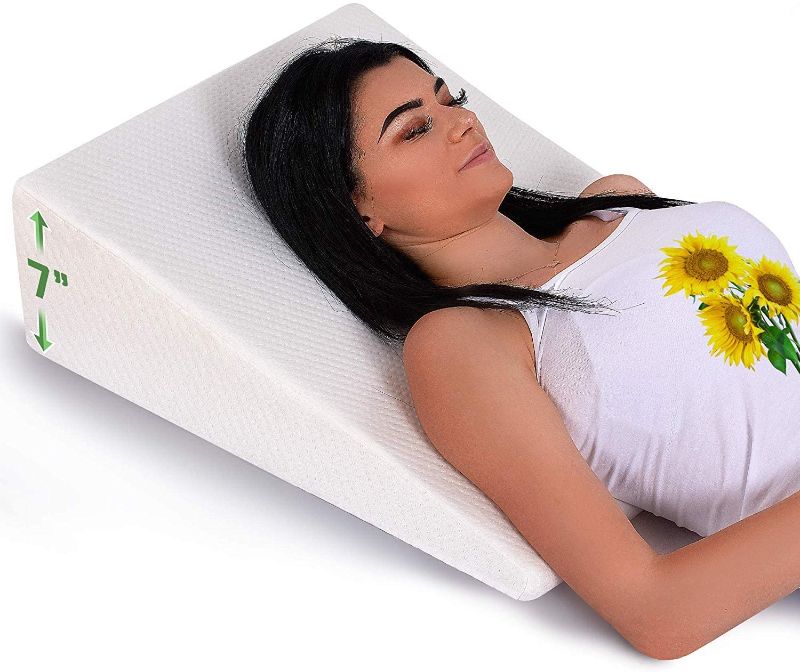 Photo 1 of Bed Wedge Pillow for Sleeping - Memory Foam Top - Reduce Neck & Back Pain, Snoring, Acid Reflux, Respiratory Problems - Ideal for Sleeping, Reading, Rest, Elevation - Washable Cover - 7in