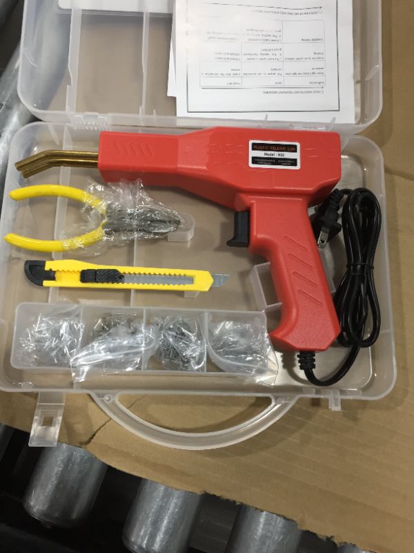 Photo 2 of Car Bumper Repair Welder Kit, Professional Staple Design Hot Plastic Welding Gun Set 2 Colors Electronic Soldering Gun Kit with Carring Case for Repairing Fairing, Automotive Bumper(Red US Plug 110V)
