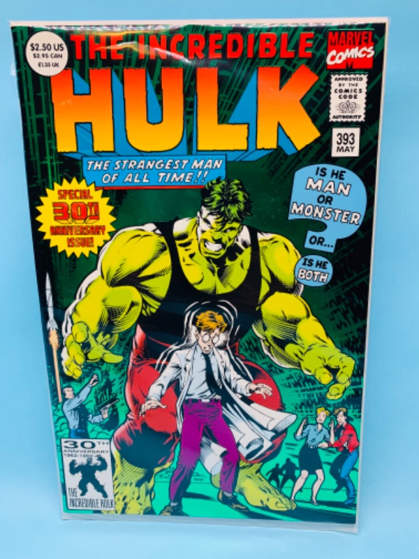 Photo 1 of 802534… The Incredible Hulk comic 393 green foil  30th anniversary issue in plastic sleeve