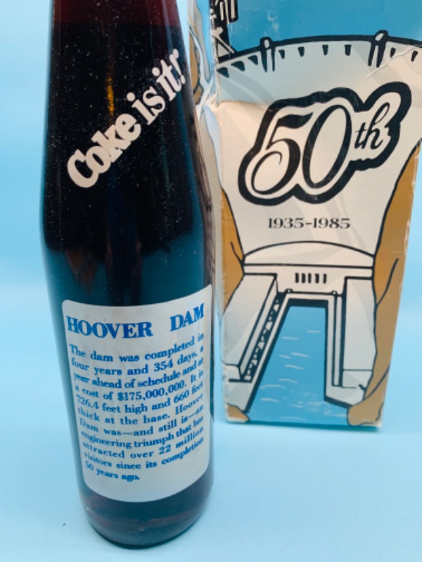 Photo 3 of 802543…vintage Coca Cola 50th anniversary Hoover Dam commemorative bottle. Box has damage 