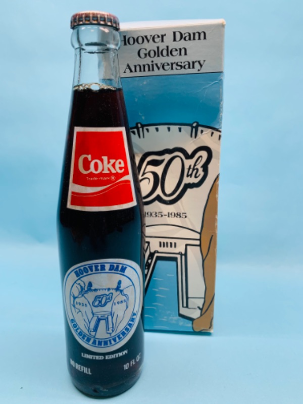 Photo 1 of 802543…vintage Coca Cola 50th anniversary Hoover Dam commemorative bottle. Box has damage 