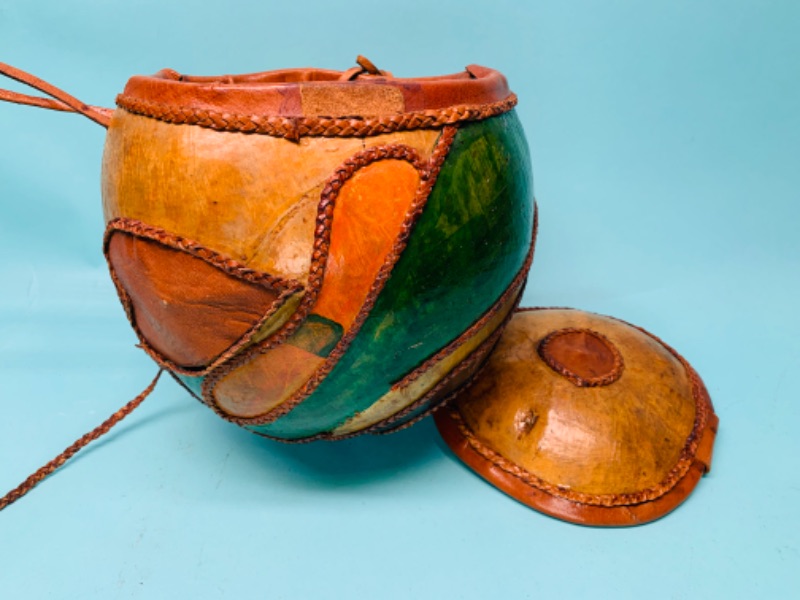 Photo 5 of 802764…antique tribal gourd with leather decorative stitching, top, pouch, liner. Has broken part but great display piece  see photos 