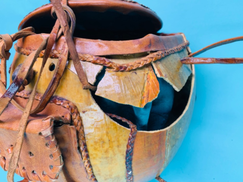 Photo 7 of 802764…antique tribal gourd with leather decorative stitching, top, pouch, liner. Has broken part but great display piece  see photos 