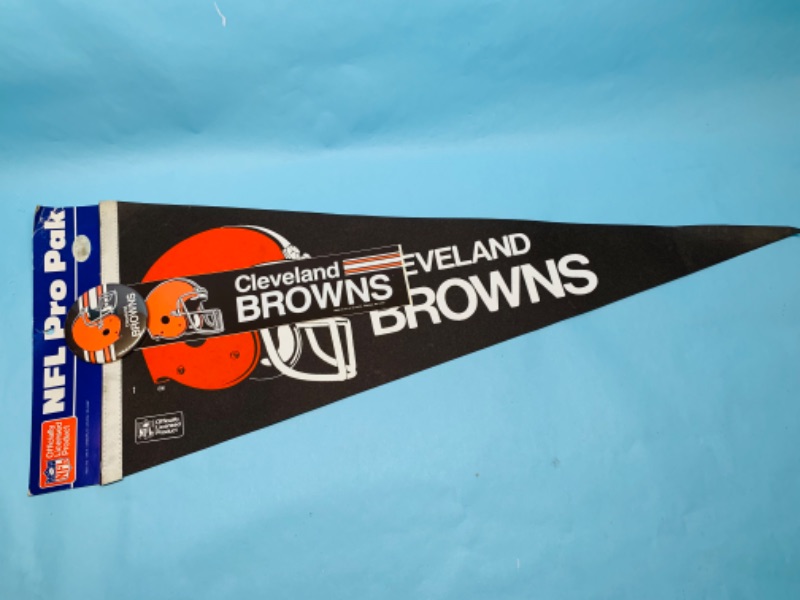 Photo 1 of 803056…vintage Cleveland Browns pennant, pin, and  bumper sticker 