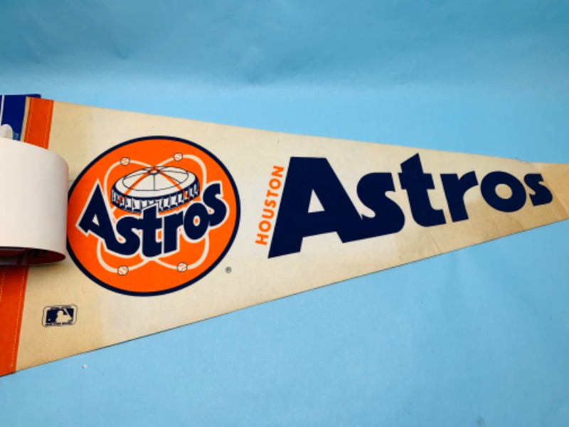 Photo 2 of 803057…vintage Houston Astros pennant, pin, and bumper sticker- has stain and bends 