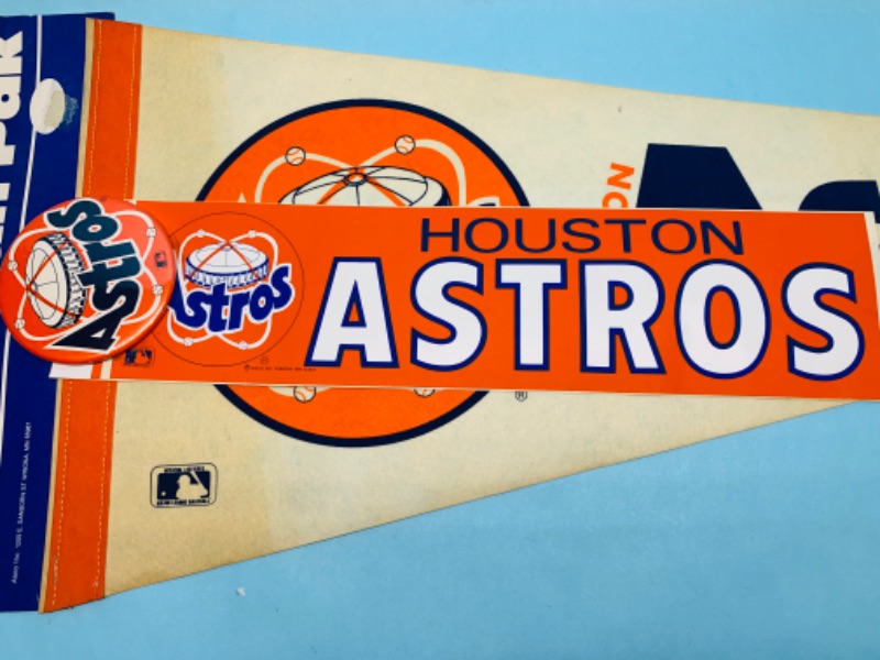 Photo 5 of 803057…vintage Houston Astros pennant, pin, and bumper sticker- has stain and bends 