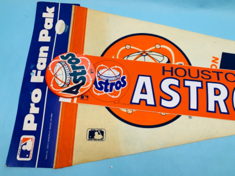 Photo 4 of 803057…vintage Houston Astros pennant, pin, and bumper sticker- has stain and bends 