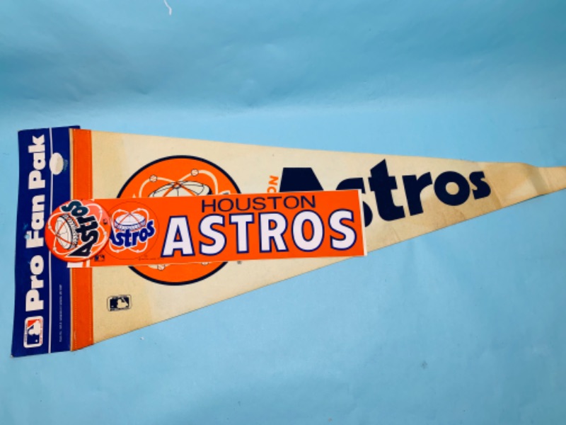 Photo 1 of 803057…vintage Houston Astros pennant, pin, and bumper sticker- has stain and bends 