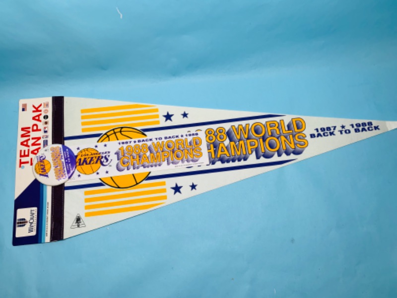 Photo 1 of 803058…vintage Los Angeles Lakers world champions pennant, pin, and bumper sticker 