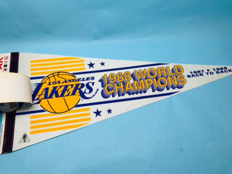 Photo 2 of 803058…vintage Los Angeles Lakers world champions pennant, pin, and bumper sticker 