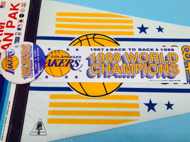 Photo 4 of 803058…vintage Los Angeles Lakers world champions pennant, pin, and bumper sticker 