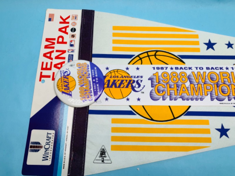 Photo 3 of 803058…vintage Los Angeles Lakers world champions pennant, pin, and bumper sticker 