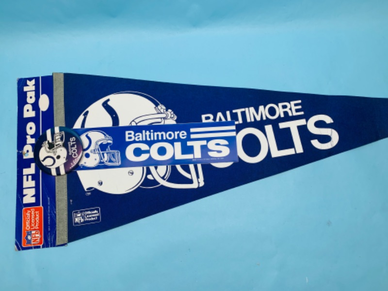 Photo 1 of 803059…vintage Baltimore colts pennant, pin, and bumper sticker 