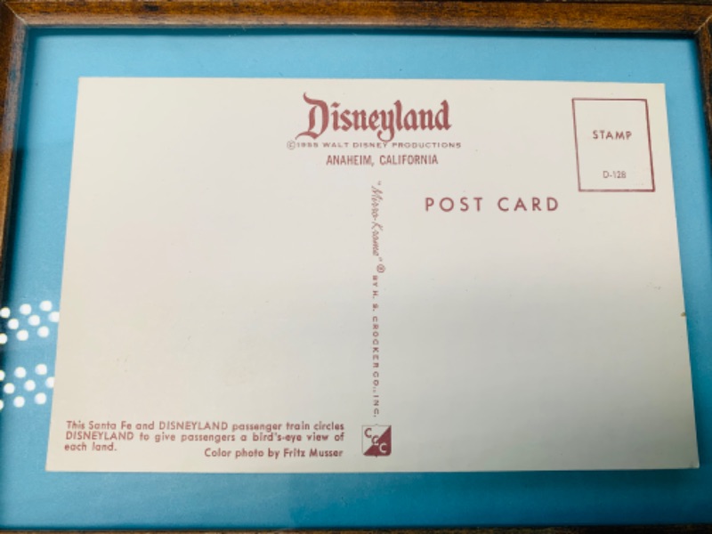 Photo 2 of 803304…vintage 1955 Disneyland post card in frame 
