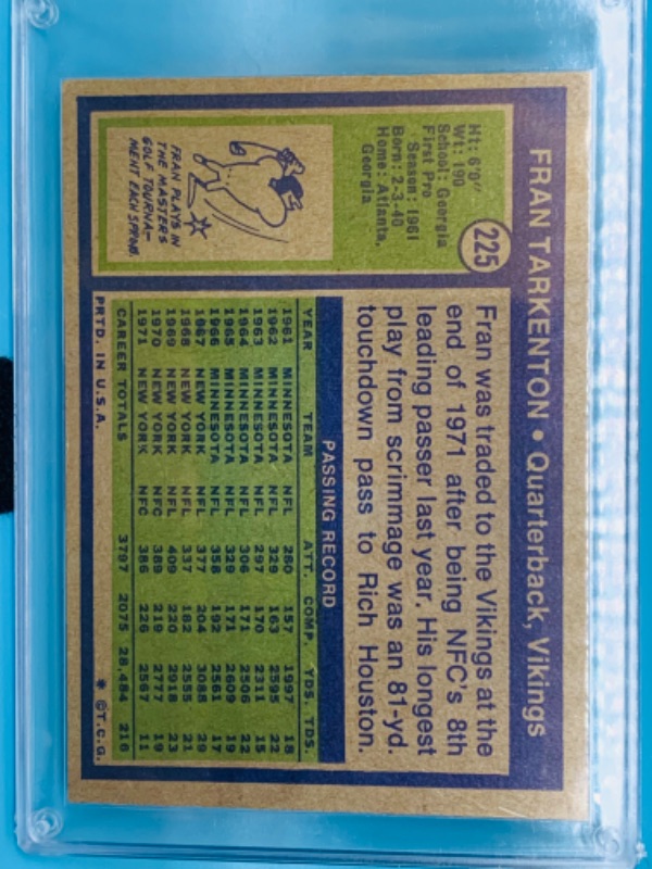 Photo 2 of 803441…topps 1972 Fran Tarkenton card 225 in hard plastic case 