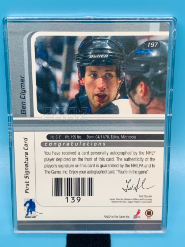 Photo 2 of 803442…NHL Ben Clymer autographed card in hard plastic case 