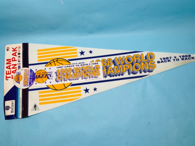 Photo 1 of 803447…vintage team fan pak Lakers 2988 champions pennant, pin, and bumper sticker 