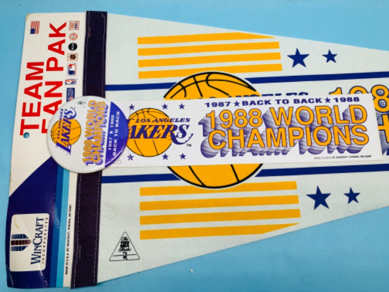 Photo 3 of 803447…vintage team fan pak Lakers 2988 champions pennant, pin, and bumper sticker 