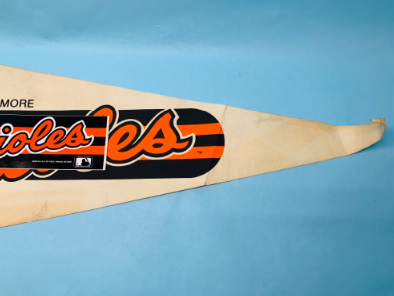 Photo 2 of 803449…vintage pro fan pak Baltimore orioles pennant, pin, and bumper sticker- stains and bent