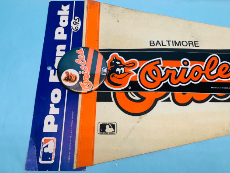 Photo 3 of 803449…vintage pro fan pak Baltimore orioles pennant, pin, and bumper sticker- stains and bent