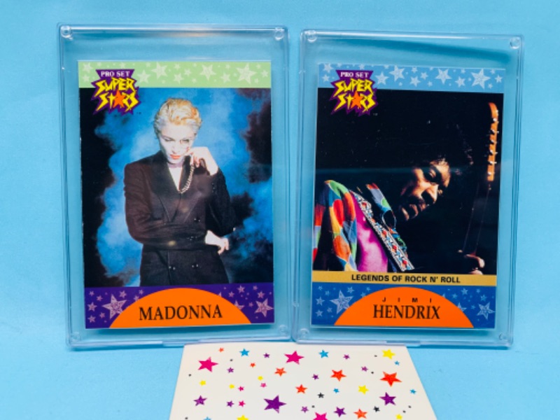 Photo 1 of 803455…pro set superstars promo cards Madonna and Jimi Hendrix in hard plastic cases 