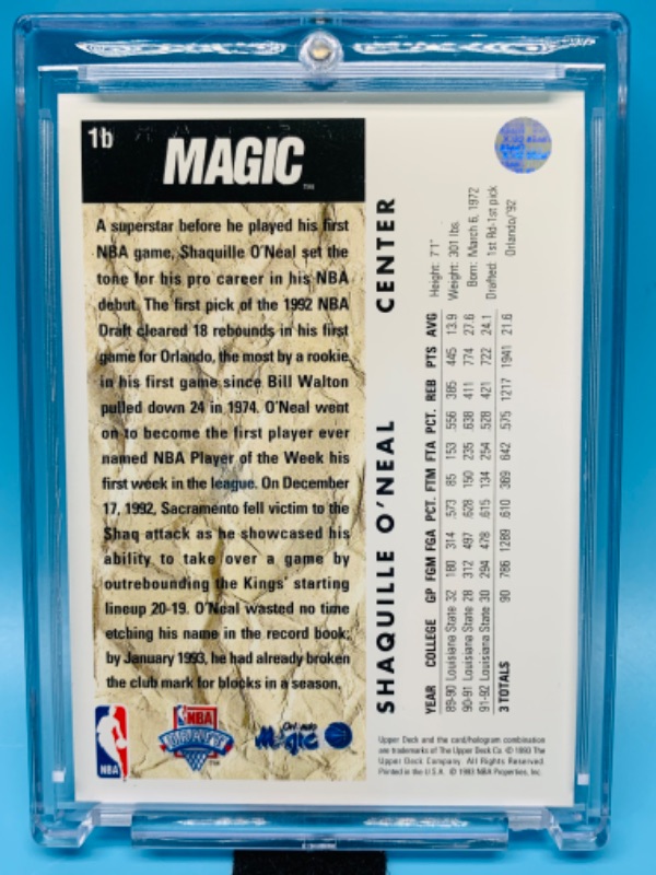 Photo 2 of 803465…upper deck Shaquille O’Neal rookie trade card 1B in hard plastic case