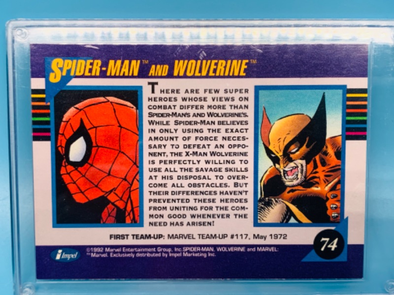 Photo 2 of 803611…1992 marvel team ups spider-Man and wolverine card 74 in hard plastic case