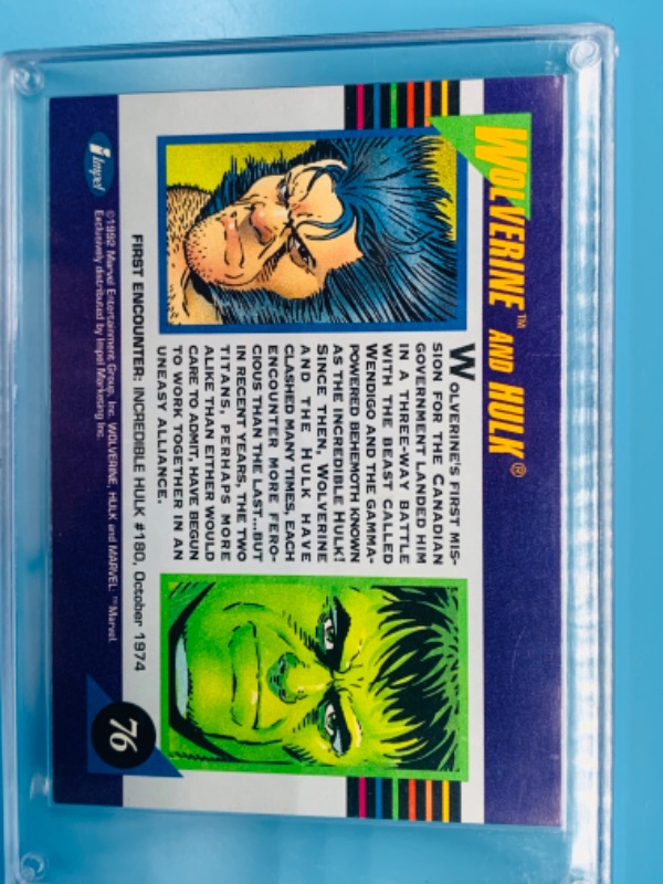 Photo 2 of 803612…1992 marvel Team ups wolverine and hulk  card 76 in hard plastic case