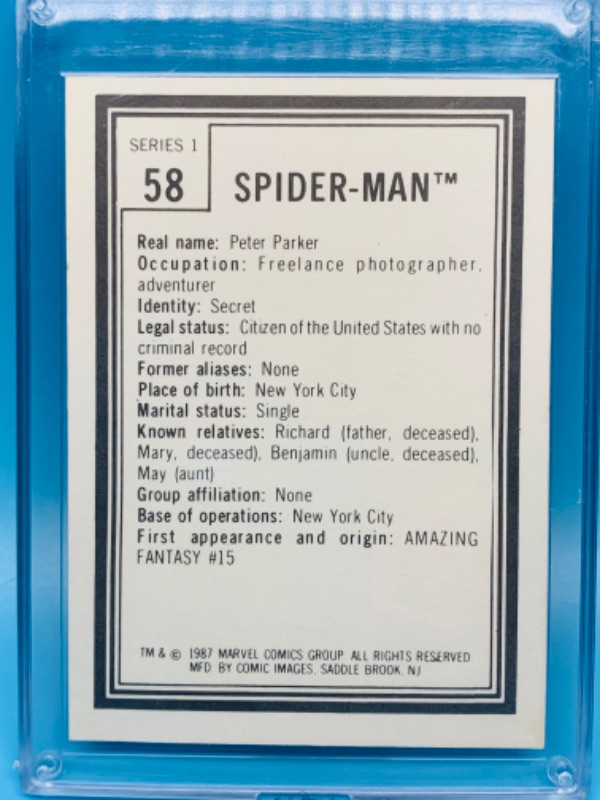 Photo 2 of 803613…vintage 1987 marvel Spider-Man series 1 card 58 in hard plastic case 