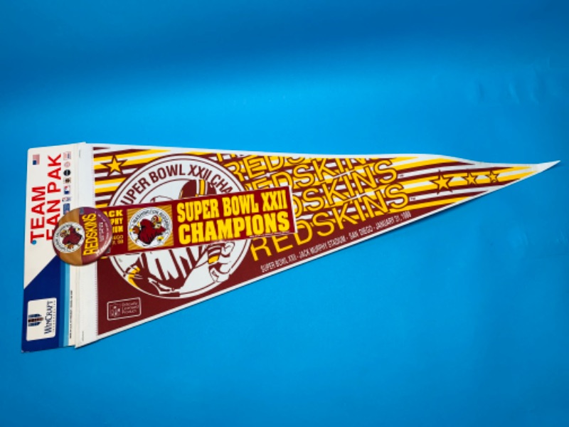 Photo 2 of 803695…vintage Redskins Super Bowl champions team fan pack pennant, pin, and bumper sticker