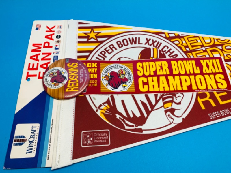 Photo 1 of 803695…vintage Redskins Super Bowl champions team fan pack pennant, pin, and bumper sticker