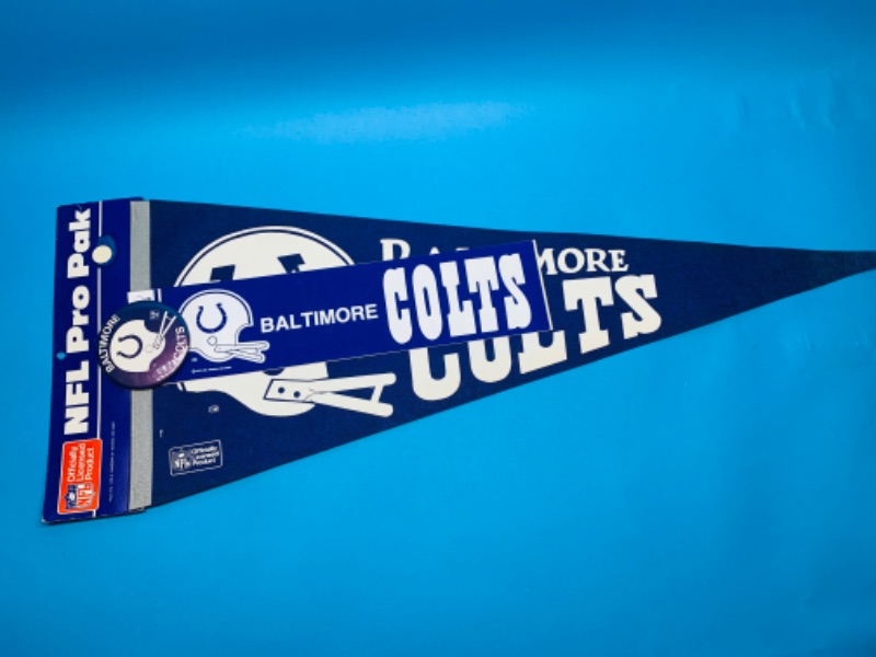 Photo 1 of 803696…vintage Baltimore colts NFL pro pack pennant, pin, and bumper sticker