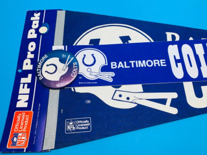 Photo 2 of 803696…vintage Baltimore colts NFL pro pack pennant, pin, and bumper sticker