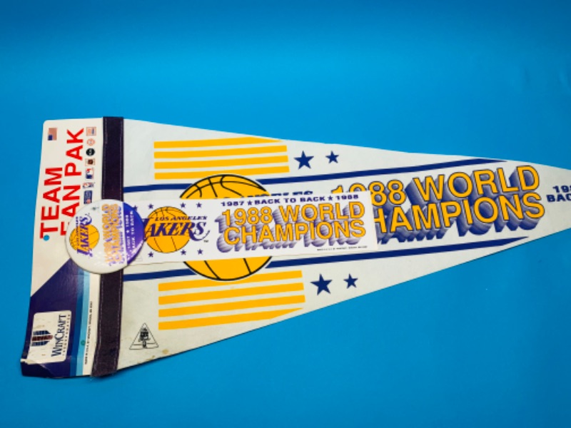 Photo 1 of 803698…1988 Los Angeles Lakers world champions team fan pack pennant,  pin and bumper sticker