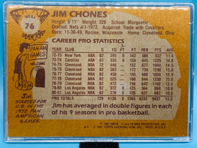 Photo 2 of 803725…topps 1981 Jim chones Los Angeles Lakers card 76 in hard plastic case 