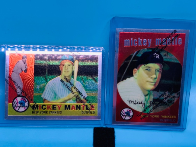 Photo 1 of 803731….1996 topps chromium Mickey Mantle commemorative cards 9 and 10 unpeeled in hard plastic sleeves 