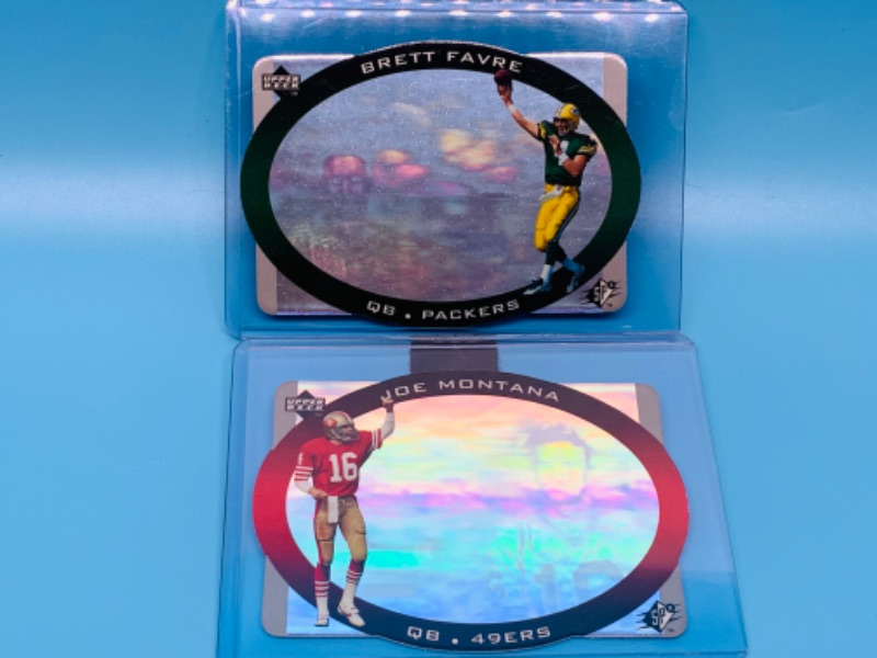 Photo 1 of 803752…upper deck SPX Bret Favre and joe Montana cards in hard plastic sleeves 