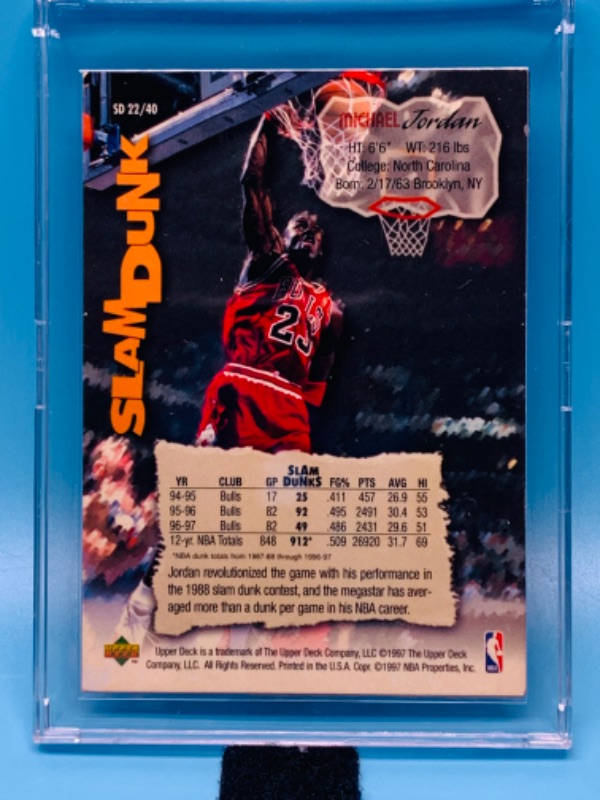 Photo 2 of 803814… upper deck slam dunk Michael Jordan card SD 22 in hard plastic case