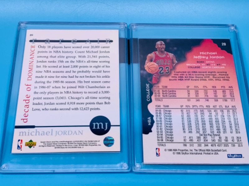 Photo 2 of 803820… upper deck Michael Jordan decade of dominance card 89 and skybox card 20 in hard plastic cases