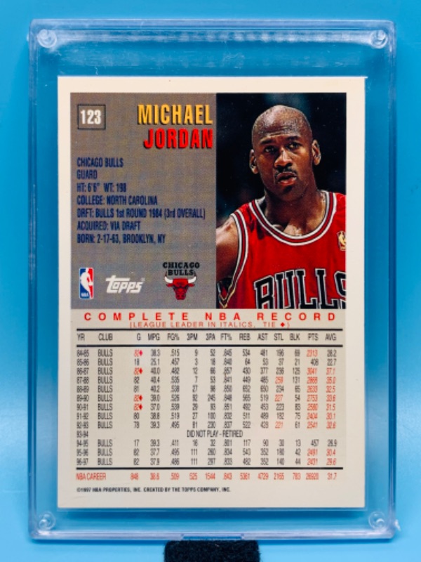 Photo 2 of 803823…topps Michael Jordan card 123 complete NBA record card in hard plastic case