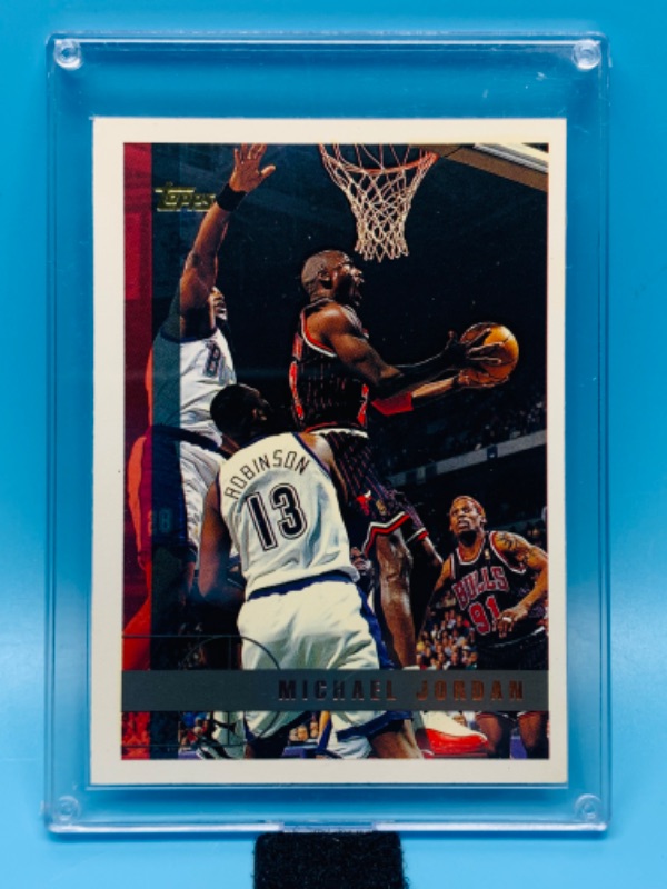 Photo 1 of 803823…topps Michael Jordan card 123 complete NBA record card in hard plastic case