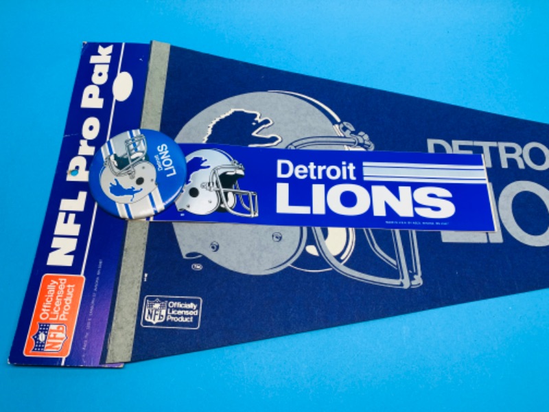 Photo 1 of 803955…vintage Detroit lions pro pak pennant, pin, and bumper sticker 