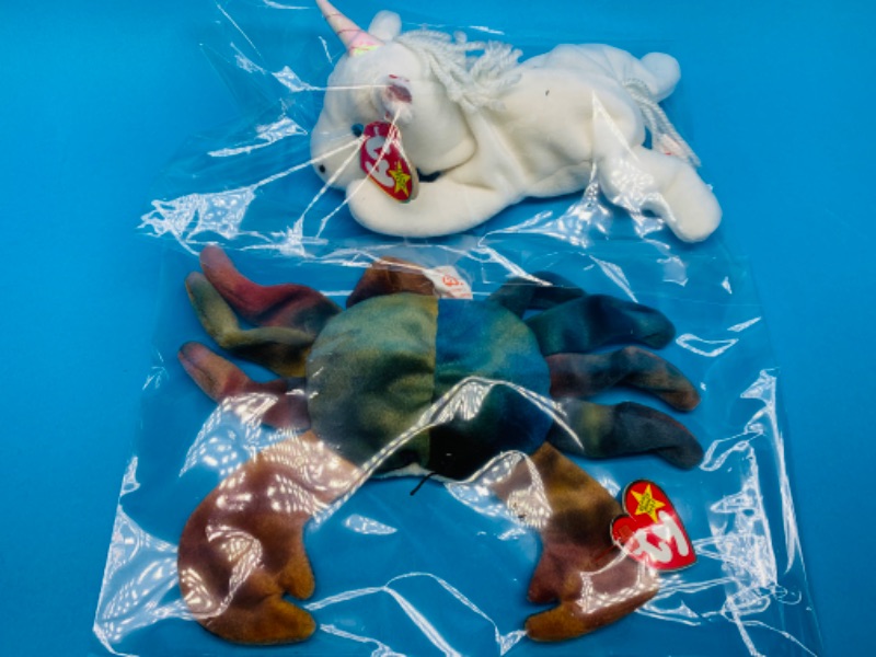 Photo 1 of 804092… 2 TY beanie babies in plastic bags - spot on unicorn ear 
